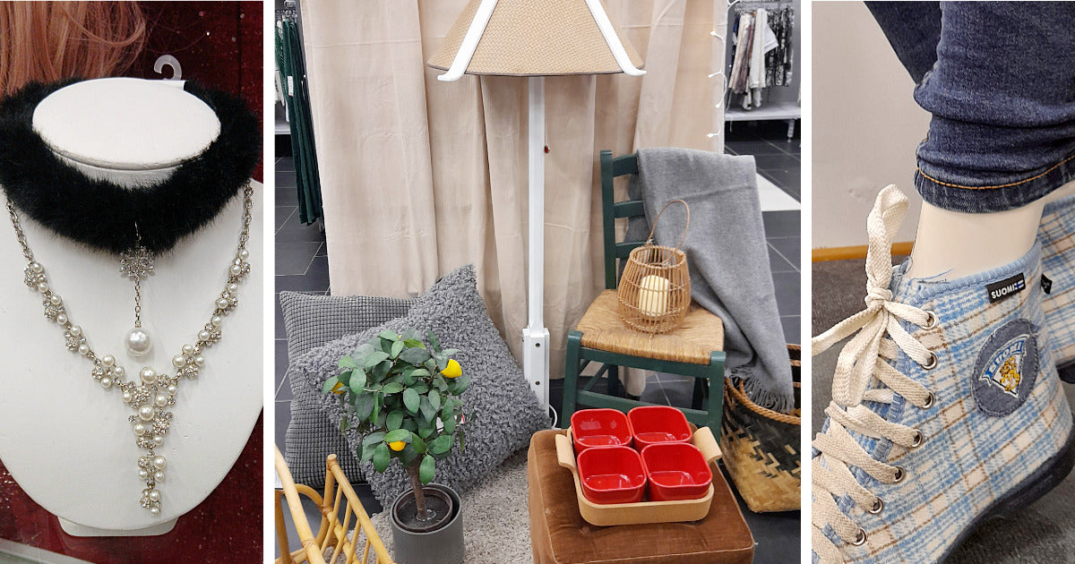 Kolme kuvaa Kuopion Kontista: helmikoru torson kaulassa, sisustusstailaus, jossa jalkalamppu, tyynujä, rahi ja tuoli sekä mallinukella nauhalliset Reino-kengät.