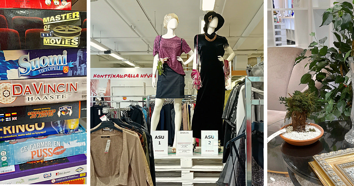 Kolme kuvaa Lahden Kontista: lautapelejä pinossa, mallinukset juhlapuvuissa ja huonekalustailaus sohvan luona.