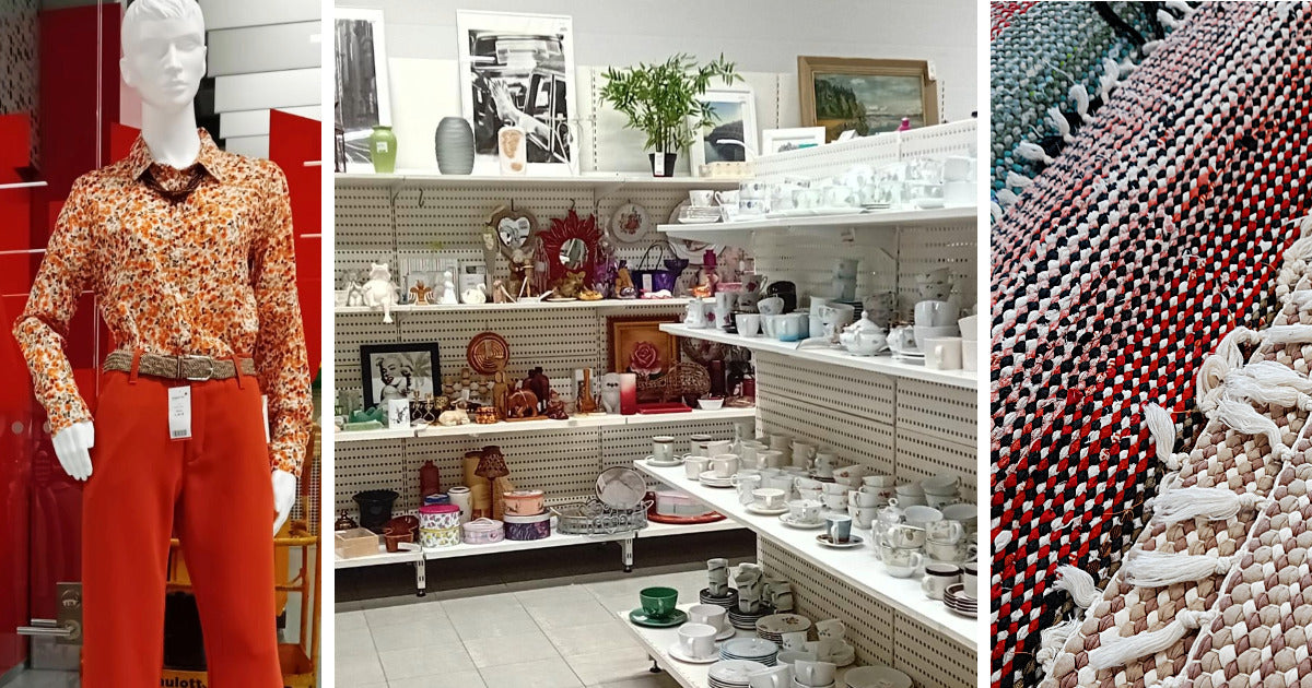 Kolme kuvaa Merituulen Kontista: Mallinukke oranssinkirjavassa paidassa ja punaisissa housuissa, astioita myymäläyllyissä sekä lähikuva räsymatoista rullalla.