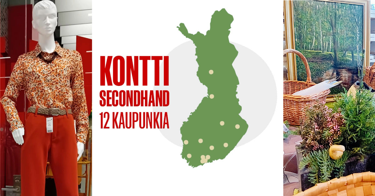 Kolme kuvaa: Mallinukke punaoransseissa vaatteissa, Suomen kartta, john on merkitty palloilla Konttien sijainnit, sekä asetelma, jossa on koreja, tekokasveja ja metsäaiheinen taulu.