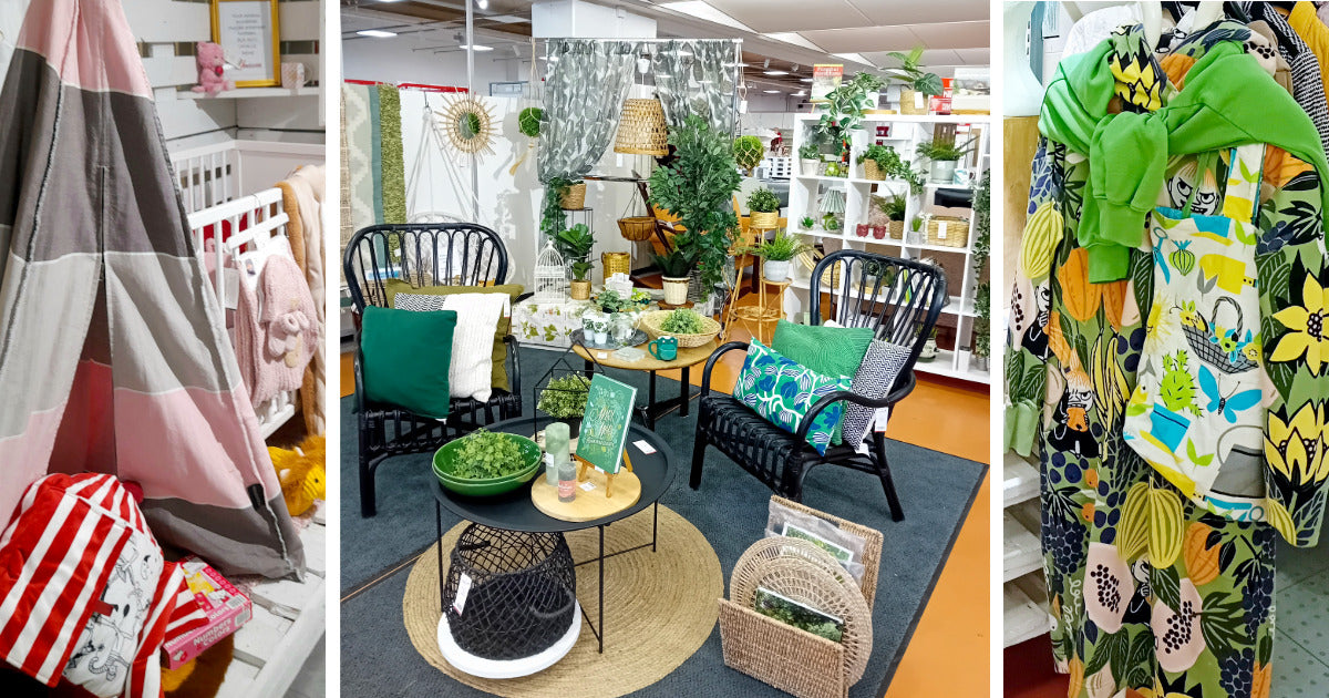 Kolme kuvaa Tampereen Kontista: lastenhuoneen sisustus, kevätkalusteita ja kirjava mekko ja kangaskassi.