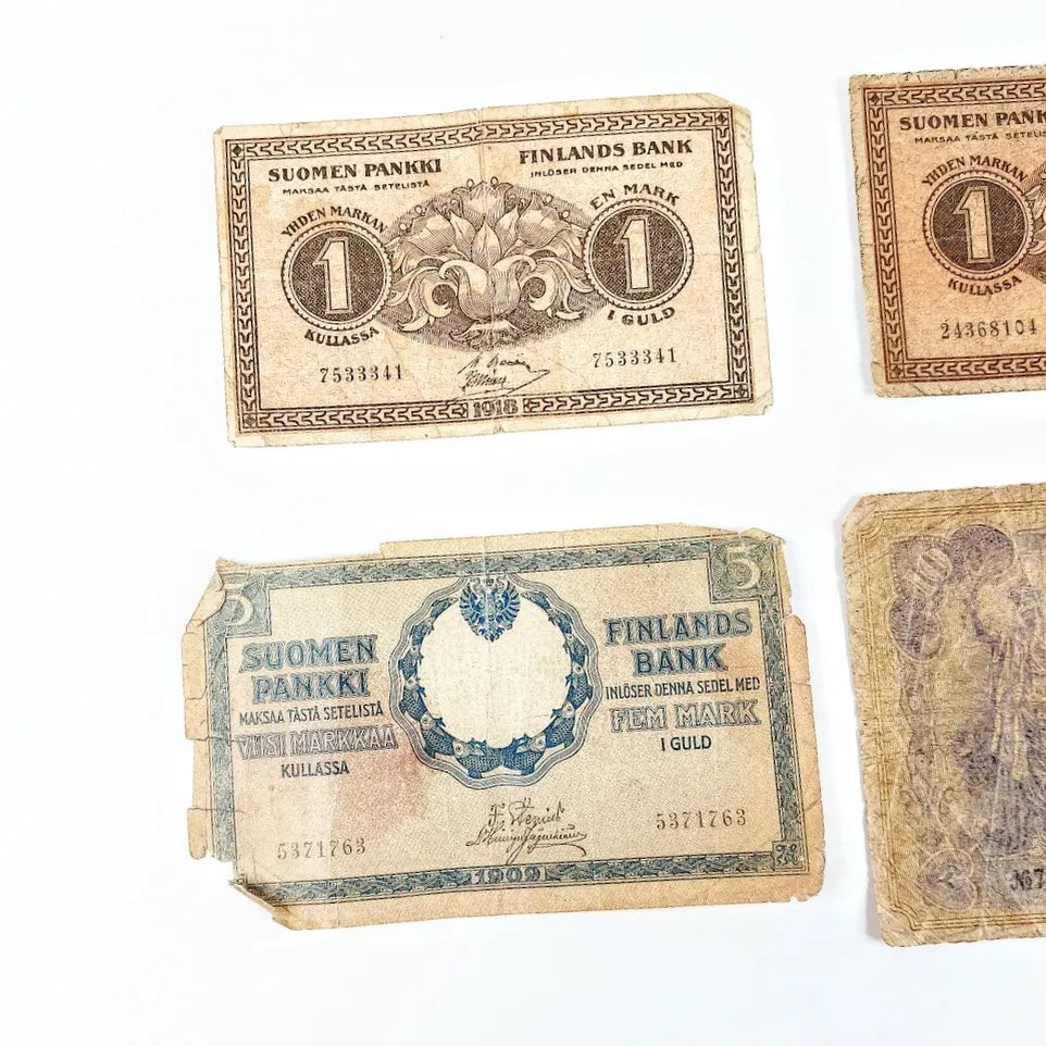 Suomi 1 mk 5 mk ja 10 mk seteli 1898-1918 4 kpl