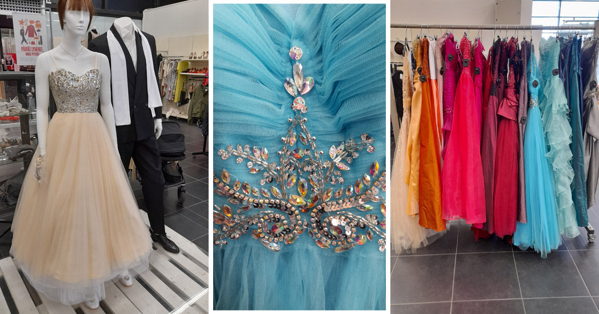 Kollaasissa: mallinukkepariskunta juhla-asuissa myymälässä, yksityiskohta timattikoristeluista sinisessä tylliasussa sekä rekillinen värikkäitä tanssiaismekkoja.